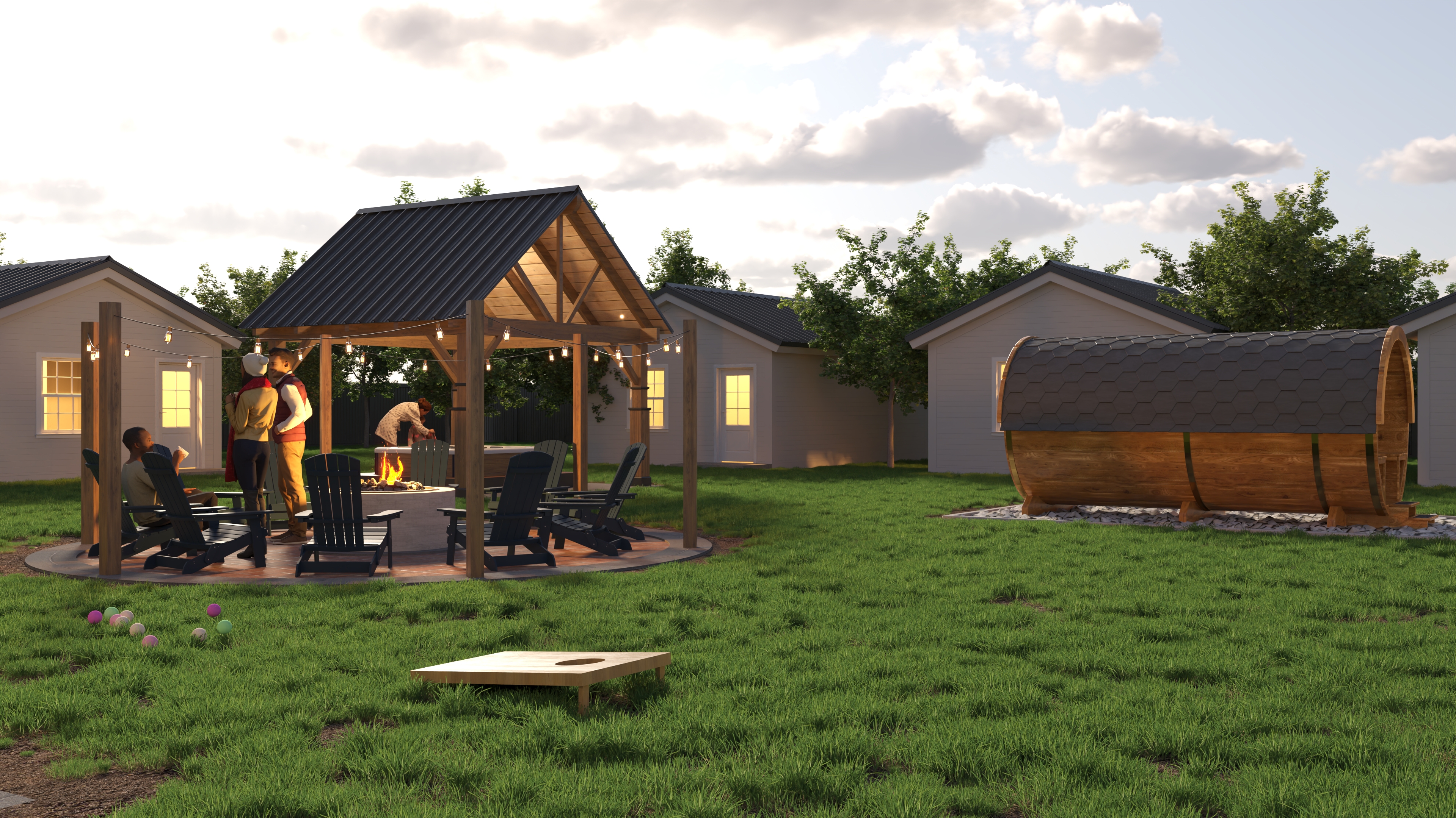 Guests celebrating around a firepit